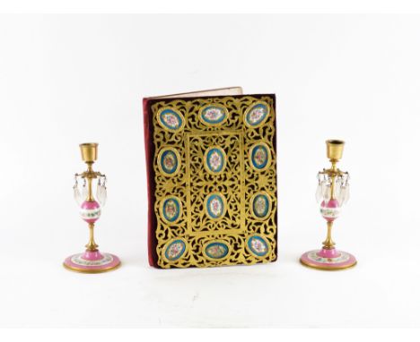 A PIERCED GILT-BRASS MOUNTED BLUE GROUND SEVRES STYLE PORCELAIN DESK BLOTTING PAD; TOGETHER WITH A PAIR OF CANDLESTICKS (3)Ea