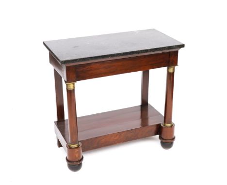 A FRENCH EMPIRE MARBLE TOPPED GILT METAL MOUNTED MAHOGANY SINGLE DRAWER CONSOLE81cm wide; 42cm deep; 79cm highCondition repor