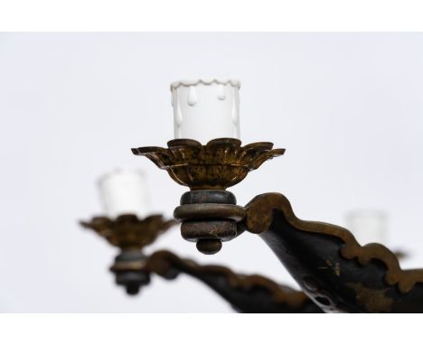 A RESTAURATION STYLE GILT-METAL AND PATINATED TOLE SIX-LIGHT CHANDELIER20th CenturyIn the manner of a colza hanging oil light