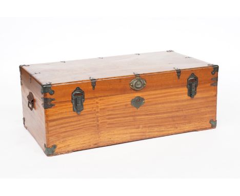 AN EARLY 20TH CENTURY METAL BOUND RECTANGULAR CAMPHOR WOOD TRUNK107cm wide; 58cm deep ; 40cm high