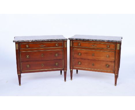 A PAIR OF LOUIS XVI STYLE MARBLE TOP GILTMETAL MOUNTED MAHOGANY PETITE COMMODES (2)Each; 82cm wide; 42cm deep; 72cm highCondi