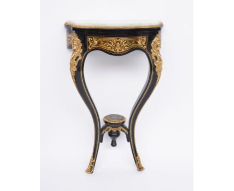 A PAIR OF LOUIS XIV STYLE MARBLE TOPPED FAUX BOULLE SINGLE DRAWER CONSOLE TABLES (2)53cm wide; 26cm deep; 86cm high