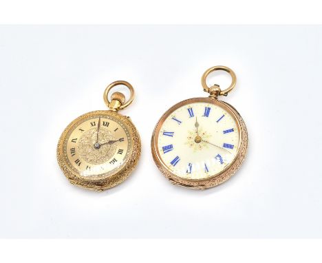 TWO GOLD CASED LADY'S FOB WATCHES (2)Comprising; a keyless wind openfaced fob watch, with a gilt cylinder movement, the case 