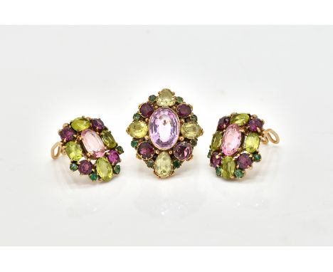 A GOLD, PINK TOPAZ, PERIDOT AND VARICOLOURED GEM SET OVAL CLUSTER RING AND A PAIR OF EARCLIPS (3)Each ear clip mounted with a