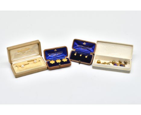 A GROUP OF STUDS AND CUFFLINKS (QTY)Comprising; three gold studs with bead fronts detailed 18 CT, weight  2 gms, another set 