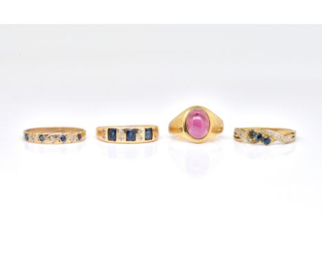 FOUR GOLD AND GEM SET RINGS (4)Comprising; a gold, sapphire and colourless gem set ring, detailed 14 K, ring size M, gross we