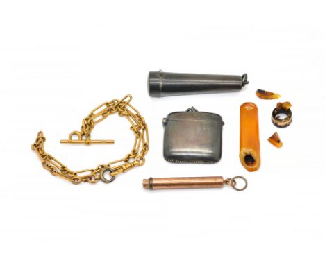 A GOLD WATCH ALBERT CHAIN AND THREE FURTHER ITEMS (4)The bar and oval link chain fitted with an 18ct gold swivel, a base meta