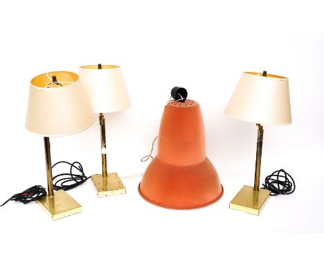 A GROUP OF THREE BRASS LACQUERED TABLE LAMPS WITH ARTICULATING ARMS (4)Second half 20th Century 
With swivel arms, three coni