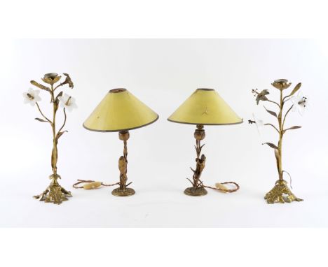 TWO PAIRS OF FRENCH GILT-BRASS CANDLESTICKS: ONE MODELLED WITH FROGS (4)Late 19th Century
Later adapted as table lamps, the f
