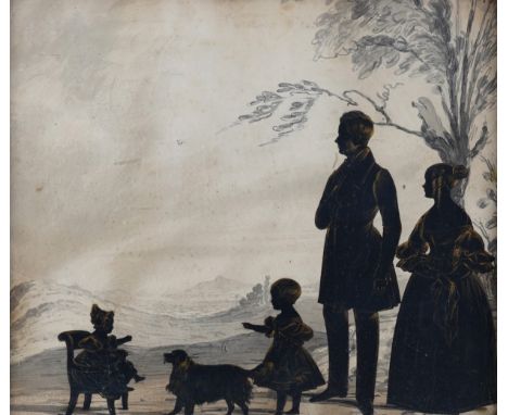 ENGLISH SCHOOL, 19TH CENTURYSilhouette of a family group with a dog, a landscape beyond
mixed media
37.5 x 44cmCondition repo