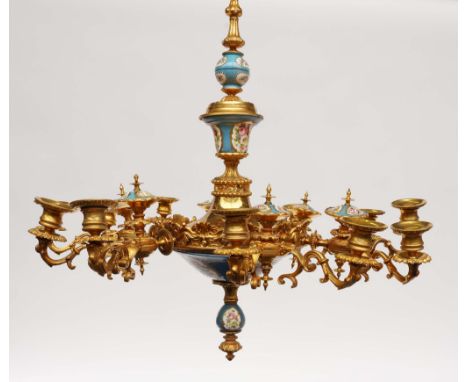 A FRENCH GILT-METAL MOUNTED SEVRES-STYLE TURQUOISE GROUND PORCELAIN TWELVE-LIGHT CHANDELIERLate 19th / Early 20th Century 
Wi