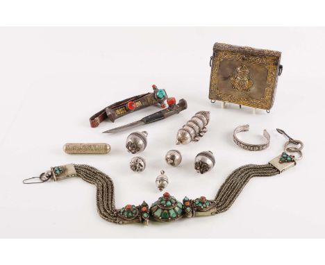 A GROUP OF ASIAN OBJECTS19th/20th century
Comprising; a Tibetan knife and scabbard inset with turquoise matrix and agates, 19