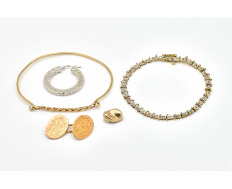 A 9CT GOLD BANGLE AND FOUR FURTHER ITEMS (5)The 9ct gold bangle in a twist design at the front, a gold bracelet, detailed 10 