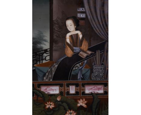 A PAIR OF CHINESE REVERSE GLASS PORTRAIT PAINTINGS (2)Early 20th Century 
Depicting courtesans, one with a perching bird and 