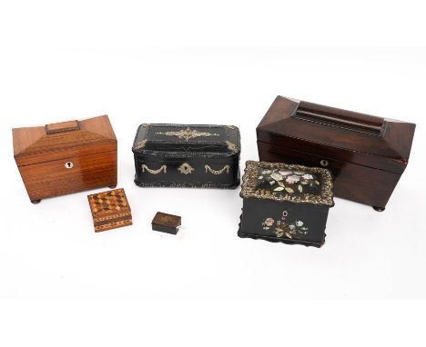 A GROUP OF FOUR 19TH CENTURY TEA-CADDIES AND TWO SMALLER BOXES (6)Comprising: two early Victorian rosewood sarcophagus caddie
