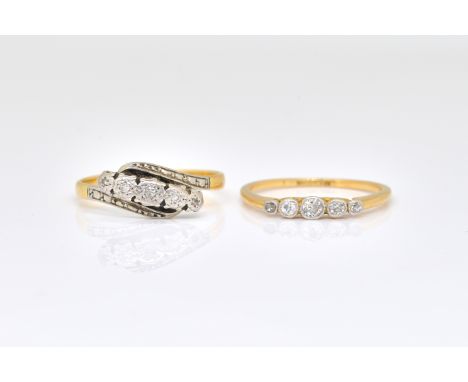 TWO DIAMOND RINGS (2)Comprising; a gold and platinum, diamond five stone ring, mounted with a row of cushion shaped diamonds,