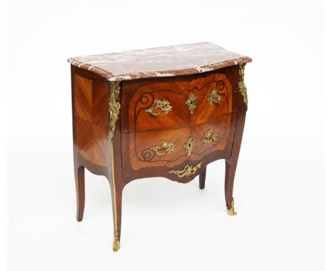 A LOUIS XV STYLE GILT METAL MOUNTED MARBLE TOPPED ROSEWOOD AND WALNUT BOMBE TWO DRAWER COMMODECirca 1900, 78cm wide; 44cm dee