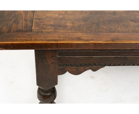 A 17TH CENTURY AND LATER OAK REFECTORY TABLEWith cleated twin plank top, 91cm wide; 181 cm longCondition report:&nbsp;Overall