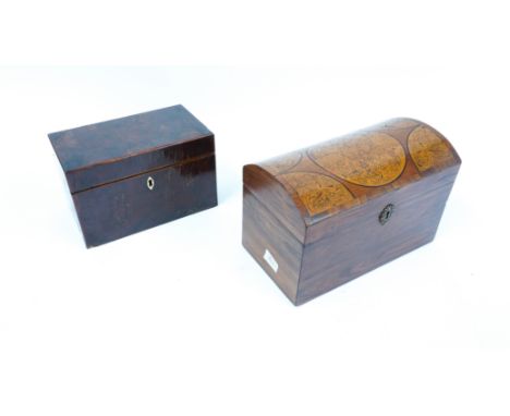 AN EARLY 19TH CENTURY BURR YEW RECTANGULAR TEA CADDY (2)22cm wide; 13cm deep; 13cm high, together with a marquetry inlaid dom