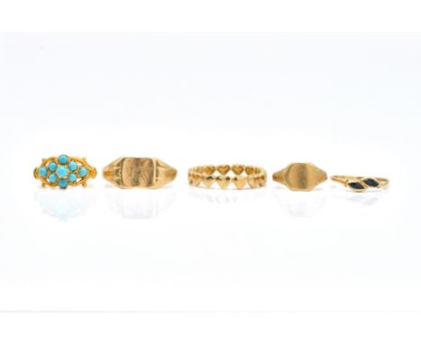 FIVE 9CT GOLD RINGS (5)Comprising; a 9ct gold and turquoise cluster ring, London 1972, a band ring formed as a row of hearts,