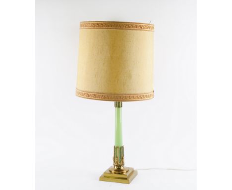 A VICTORIAN GILT-BRASS MOUNTED GREEN OPALINE GLASS TABLE LAMPMid-19th Century 
Later converted to electricity, the weighted b