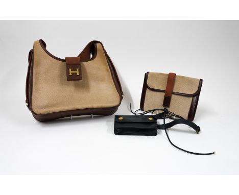 HERMES: A TAN CANVAS AND LEATHER TSAKO CROSS BODY BAG WITH PURSE AND A NAVY BLUE POCHETTE GREEN WAIST BAG (3)The Tsako bag wi
