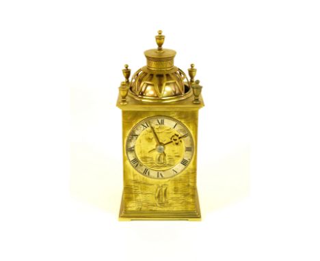 AN ADAPTED FRENCH BRASS LANTERN CARRIAGE CLOCKEngraved case with ships in full sail, the dial with silvered chapter ring and 