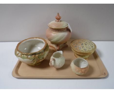 A Royal Worcester gilded pot pourri bowl with lid, height 9 cm, together with a Royal Worcester gilded blush ivory bowl and t