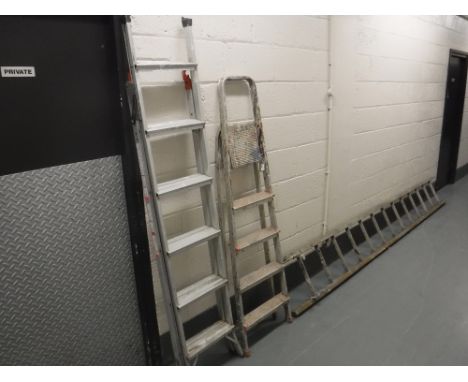 Two pairs of aluminium steps and a wooden ladder 