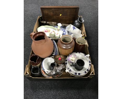 Two boxes of twin handled serving tray, barometer, pottery jugs and storage jars, late 19th and 20th century blue and white a