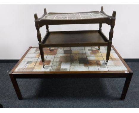 A Danish oak two tier tile top trolley together with a tile topped coffee table