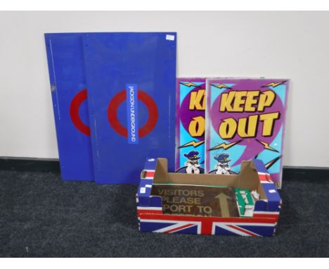 A box of assorted signs - fire exit, reception etc together with a East Gate wooden sign and two Jackson Underground perspex 