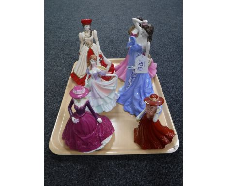 A group of six porcelain ladies; Coalport, Royal Worcester etc