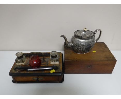 A Victorian brass bound desk stand and a walnut writing box, assorted cutlery, plated teapot, cranberry glass bowl and a Shea