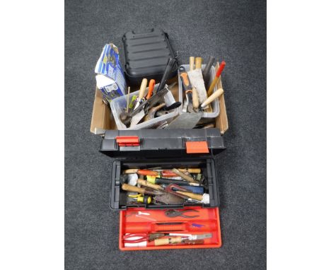 A box of assorted hand tools, Kinzo planer, Black and Decker Quattro saw together with a tool box and a portable TV