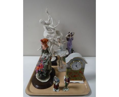 A tray of Italian figure "The Dancers", Franklin Mint figure "lady Violet", Westminster china "lest we forget" mantle clock n