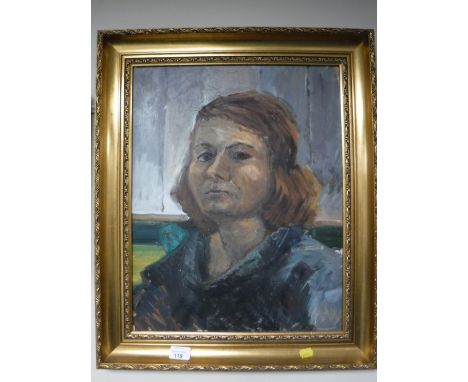 Liz Tyler (British Contemporary), self portrait, oil on board,39cm by 50cm.