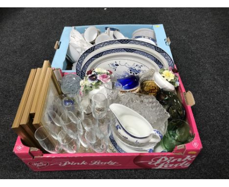 Two boxes containing a Noritake Prescott dinner service, part tea set, blue and white ashettes, champagne flutes etc