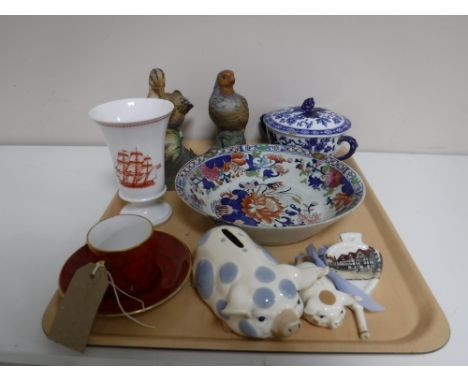 A tray of two Kowa porcelain bird figures, Spode vase, Hammersley & Co bone china coffee can & saucer retailed by Tiffany & C