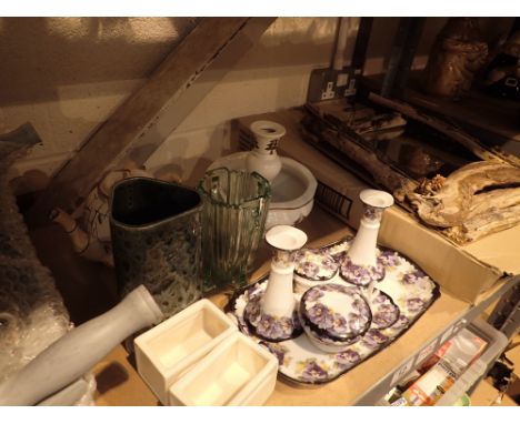 Shelf of mixed items including ceramics shelves and a rustic framed mirror