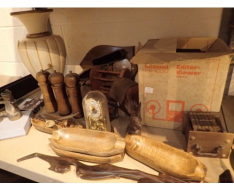 Shelf of mixed items including vase clock film editor treen etc