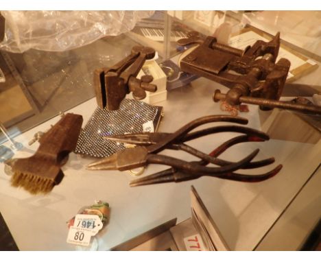Antique hobby / watchmakers vice and a selection of mixed tools