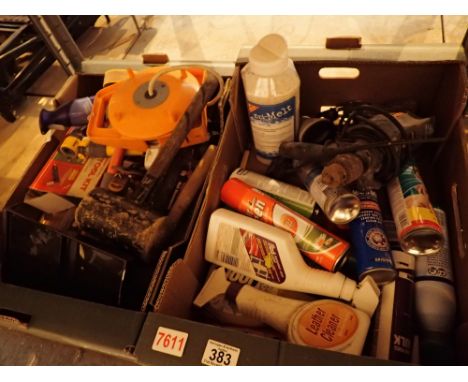 Two boxes containing hand tools domestic cleaning fluids and Bosch electric drill 