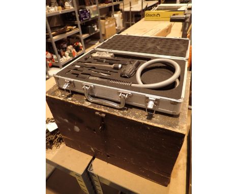 Wooden tool box and tools with cased drill flexidrive accessories 