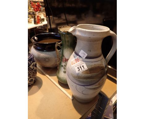 Ceramic planter and large studio pottery jug and floral green vase