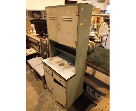 Metal kitchenette in green / cream with white enamelled worktop base has two drawers over cupboard and top has two vented doo