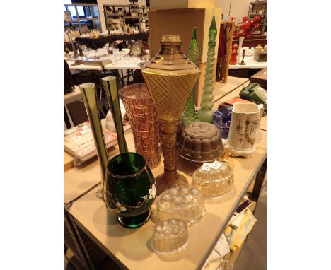 Quantity of retro glass vases with glass and copper jelly moulds carnival ware ceramic jug 