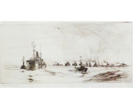 After Frank H Mason (1875-1965) Etching 60"Warship Convoy and Escorts", signed in pencil lower left, 12cm x 24cm 