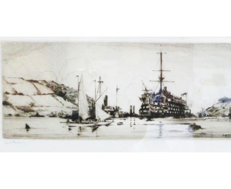 After Frank H Mason (1875-1965) Etching "HMS Britannia off Dartmouth Naval College", signed in pencil lower left, 14cm x 29cm