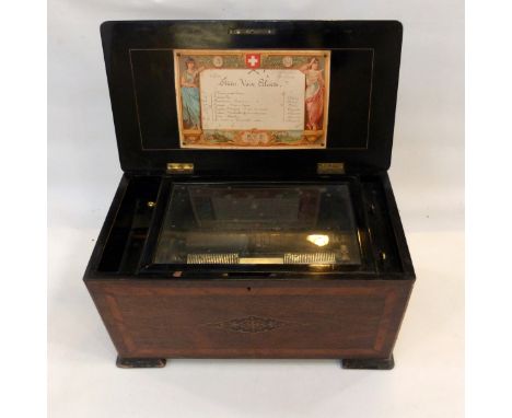 Swiss musical box playing eight airs, with coloured tune card, in inlaid walnut case 